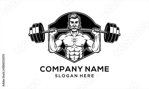 Muscular man with mustache lifting barbell in a gym logo.