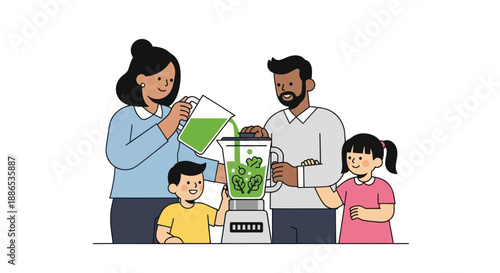 A diverse family of four parents and children preparing a healthy green smoothie with a blender.