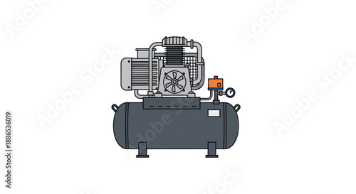 Gray Air Compressor with Motor Tank and Cooling System Industrial Equipment.