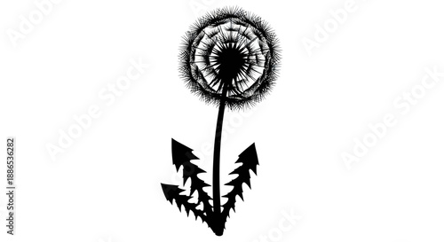 Stylized Black and White Dandelion Seed Head with Jagged Leaves.