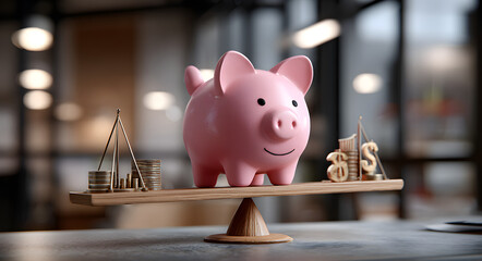 balanced financial growth concept with pink piggy bank on wooden scales and icons for savings investment planning budgeting accounting and wealth management in office setting