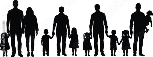 Diverse Family Silhouettes Including Parents Children and Toddlers Standing Together in Flat Vector Style for Architectural CAD Drawings and Interior Design