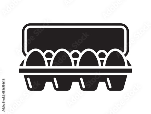 A minimalist vector illustration of eggs in a carton. A simple black silhouette icon of an open egg carton containing four eggs.