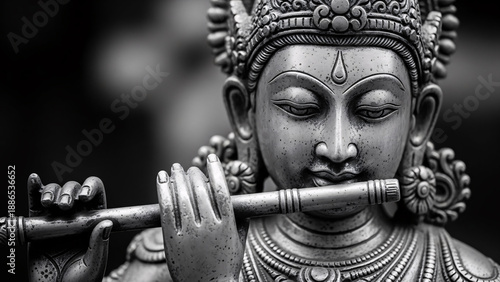 Black and White Statue of Krishna Playing Flute.