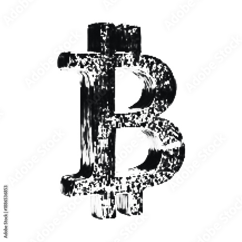 Halftone Bitcoin Crypto Currency Symbol Illustration Vintage Grunge Dotted Texture Art Collage Digital Design Stock Photo