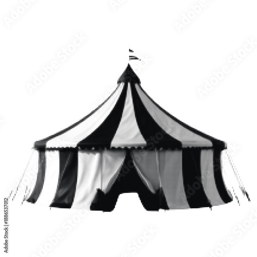 Halftone Circus Tent Art Vector Illustration with Vintage Dot Texture Carnival Design, Black and White Retro Graphic, Circus Decoration