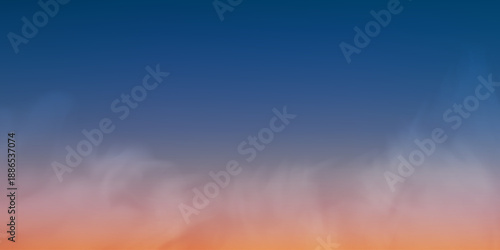 An evening sunrise horizon with soft cotton formations, golden rays and gentle gradient transitions, creating a sunset background. Vector illustration.