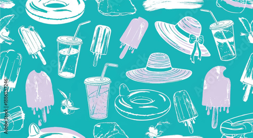 Summer Vacation Pattern with Sun Hats Swim Rings and Cold Drinks