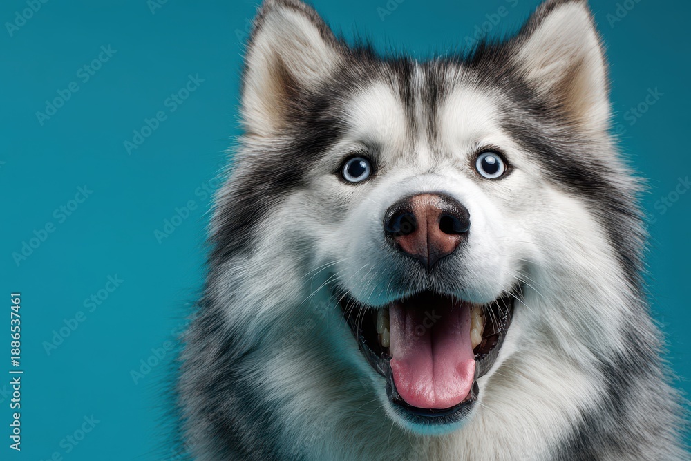 Fototapeta premium Photo portrait of a husky gazing at the camera with mouth open on turquoise blue background