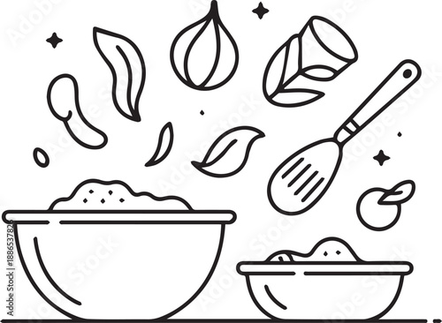 Preparing ingredients in bowls with a spatula and garlic in a kitchen setting