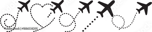 Airplane route icon set with dotted flight paths, travel and journey vector symbols