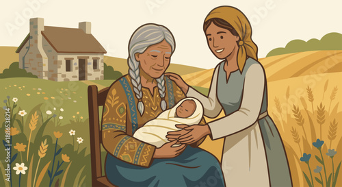 An older Naomi cradles a newborn child in her arms while Ruth stands beside her, smiling softly. The background shows a simple home surrounded by blooming fields, symbolizing restoration and legacy. 