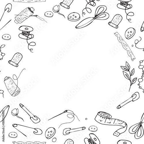 Hand drawn sewing tools frame with empty center