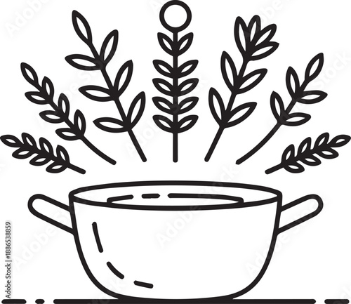 Illustration of a bowl with herbal elements surrounding it from various viewpoints