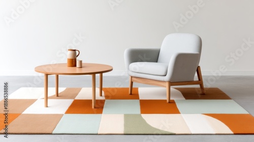Wallpaper Mural Mid century interior focus on rug, wool rug with geometric pattern in beige brown and rust colors, simple wooden coffee table, grey armchair, stylish composition Torontodigital.ca