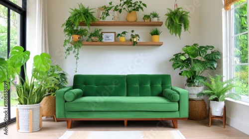Wallpaper Mural Maximalist boho living room, abundance of green indoor plants (monstera, ferns), green velvet sofa, wooden shelving, hanging plants, sunlight streaming Torontodigital.ca