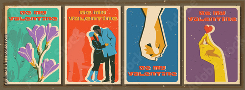14 february Posters: Flowers, Couple of Lovers, Hand in Hand, Heart. Be My Valentine! Valentine's Day Retro Postcard Style Illustrations. 1960s Vintage Colors, Aged Paper Texture