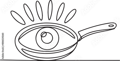 Single line drawing of an eye in a frying pan with rays emanating from it