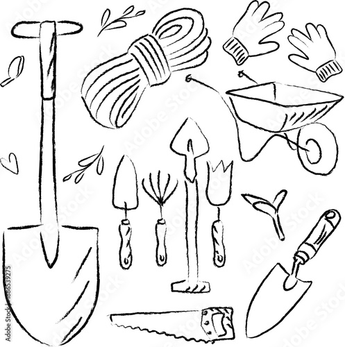 Hand Drawn Gardener Tools Doodle Set Isolated on White Background for Garden Design
