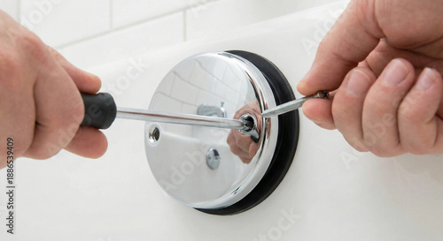 Wallpaper Mural Installing chrome bathtub overflow drain plate with screwdriver and hands Torontodigital.ca