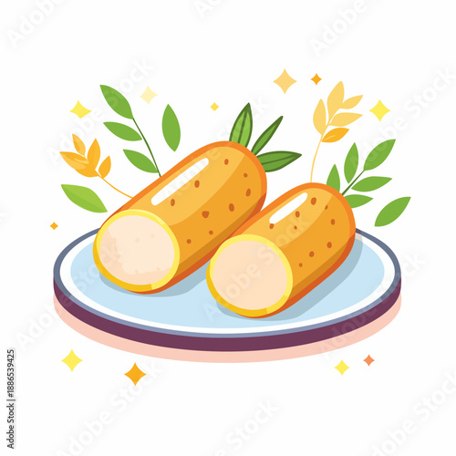 Delicious golden sweet potatoes, halved and artfully presented on a plate with fresh green leaves and decorative sparkles, evoking a sense of wholesome goodness and culinary delight