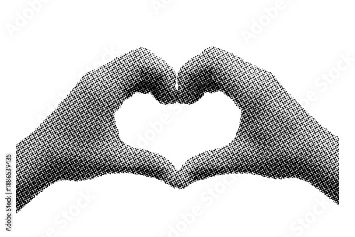 retro halftone effect human hand with heart gesture, trendy photocopy style for collages heart hand, retro photocopy human heart hands.eps