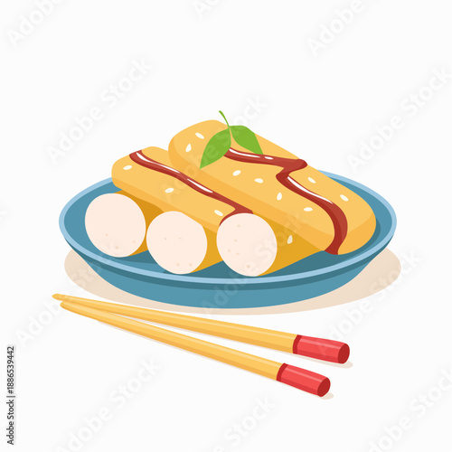 Vibrant vector illustration of savory food rolls, garnished with rich sauce and sesame seeds, served with wooden chopsticks on a plate, ideal for culinary menus and Asian cuisine designs