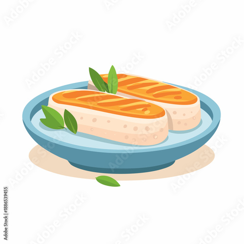 A close-up shot of two delicious rectangular grilled tofu pieces garnished with fresh green leaves on a light blue plate, perfect for food blogs and recipes