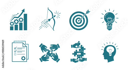 Business concept icons for productivity, teamwork, and innovation planning