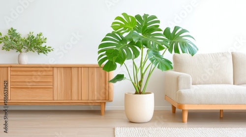 Wallpaper Mural Scandinavian living room, large potted Monstera plant, light wooden sideboard, beige sofa, wool rug, white walls, natural materials Torontodigital.ca