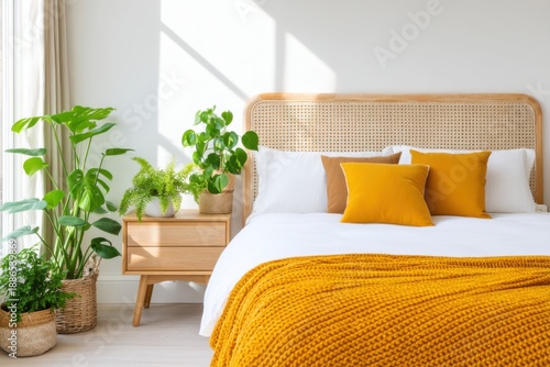 Wallpaper Mural Sunlit eclectic bedroom, warm ochre yellow throw blanket, rattan headboard, vintage wooden bedside table, plants, cozy and inviting, natural sunlight shadows Torontodigital.ca