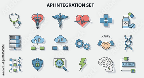 A colorful hand-drawn style icon set for API integration in healthcare medicine and technology.