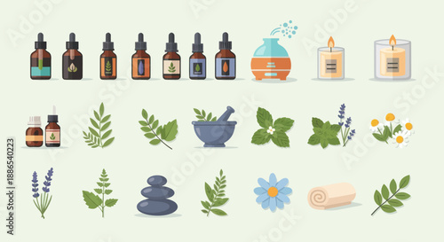 Aromatherapy essentials icon set with essential oils diffuser candles herbs and spa stones.