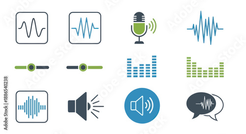 Modern vector audio sound voice music technology icons set.
