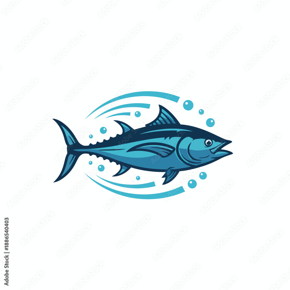 Fototapeta premium Stylized blue tuna fish swimming with water arcs and bubbles