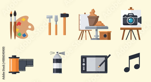 Collection of Artistic Tools and Creative Equipment Illustrations.