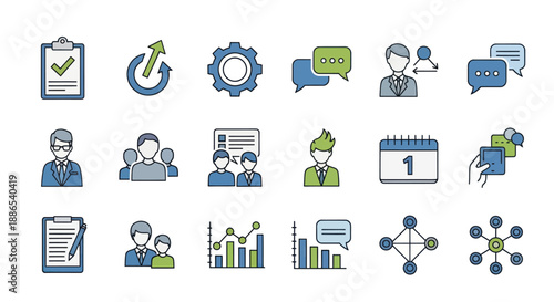 Collection of Business and Management Icons Representing Workflow and Collaboration.