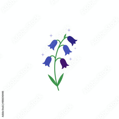 Stylized bluebell flower stalk with dark and light blue blossoms and sparkling accents