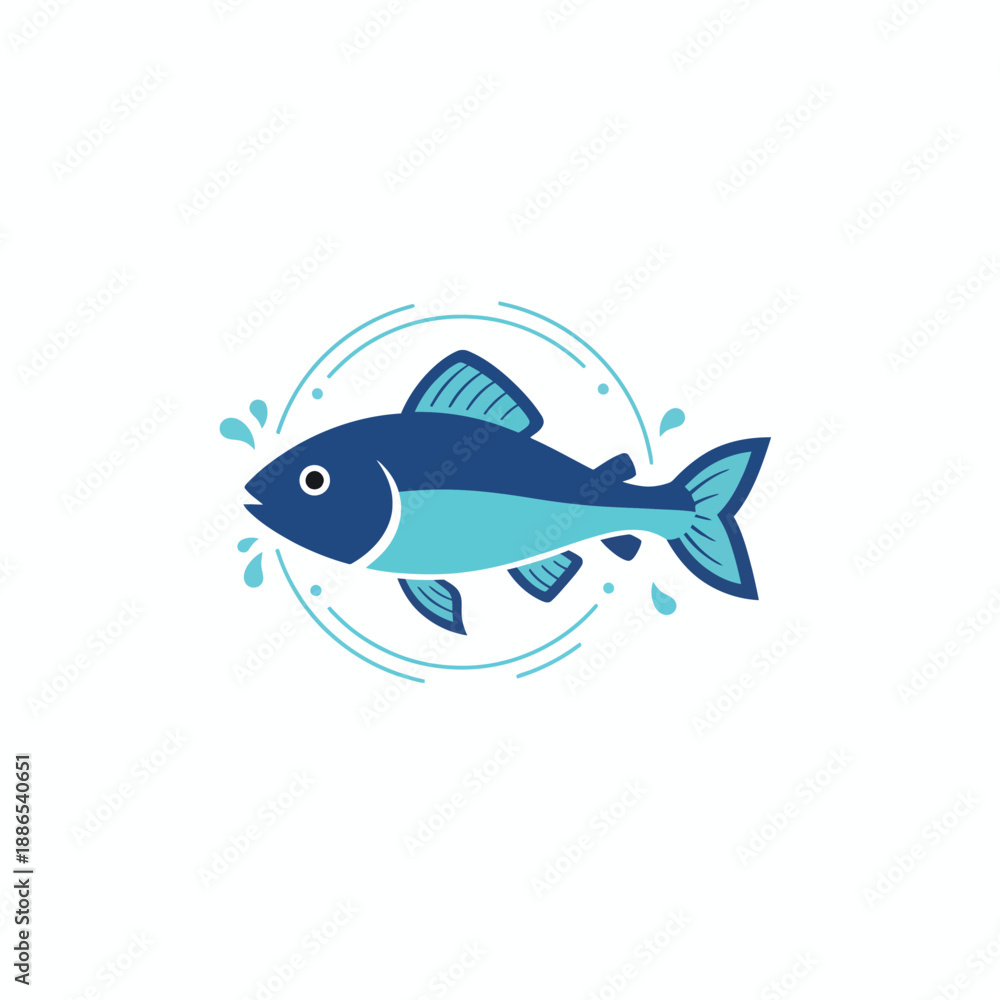 Fototapeta premium Stylized dark blue and light blue fish illustration with water splashes