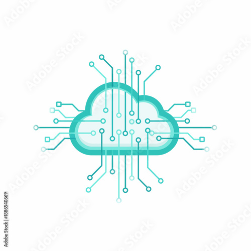 Stylized cyan cloud graphic with electronic circuit board traces and connection points