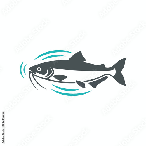 Stylized dark gray fish with prominent barbels encircled by teal wave lines