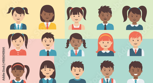 Diverse Group of Cartoon School Children Faces.
