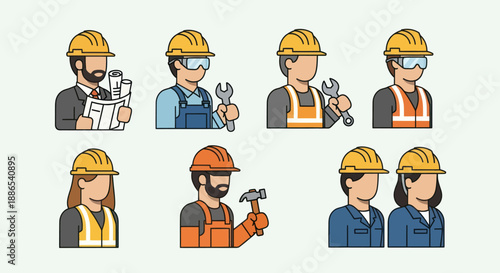 Diverse Set of Construction Worker Icons.