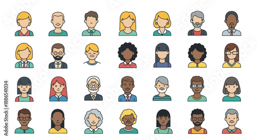 Diverse Group of Cartoon People Icons.