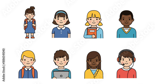 Diverse Group of Cartoon Children Standing.