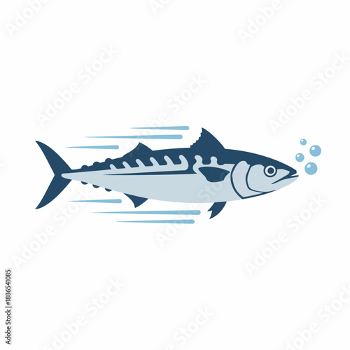 Stylized graphic of a fastmoving dark blue and light blue mackerel fish