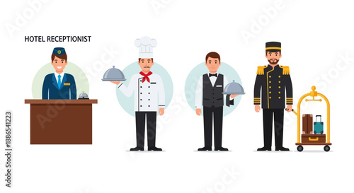 Hotel Staff Receptionist Chef Concierge Porter.