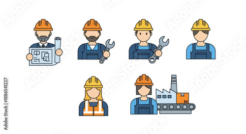 Industrial Worker Icons with Hardhats and Tools.