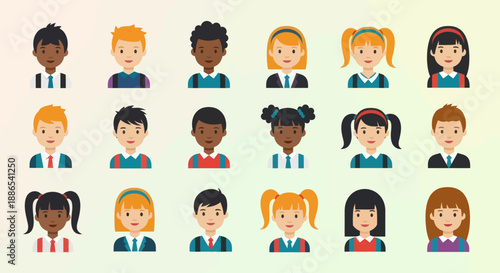 Diverse Group of Cartoon Children Faces.