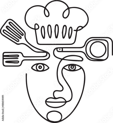 A chef's face surrounded by cooking utensils in a simple line art illustration from a frontal viewpoint
